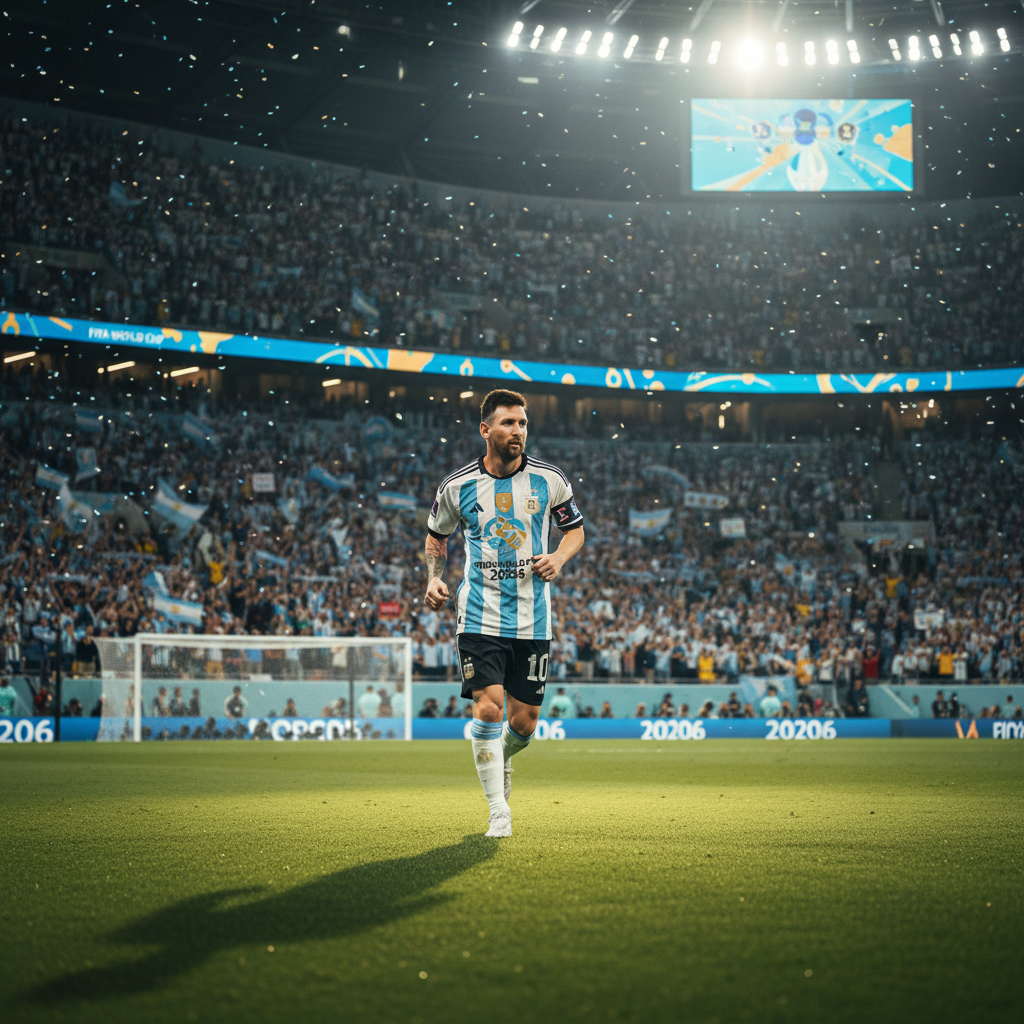 Escenario de estadio lleno durante un partido de la Copa del Mundo 2026 con hinchada argentina
